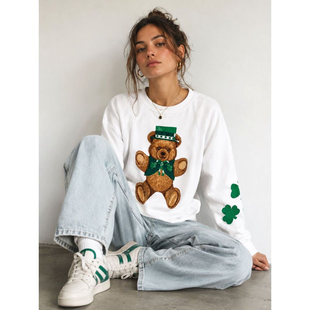 Vintage 90s St Patrickâs Day Teddy Bear Sweatshirt Jerzees Made USA Shamrock